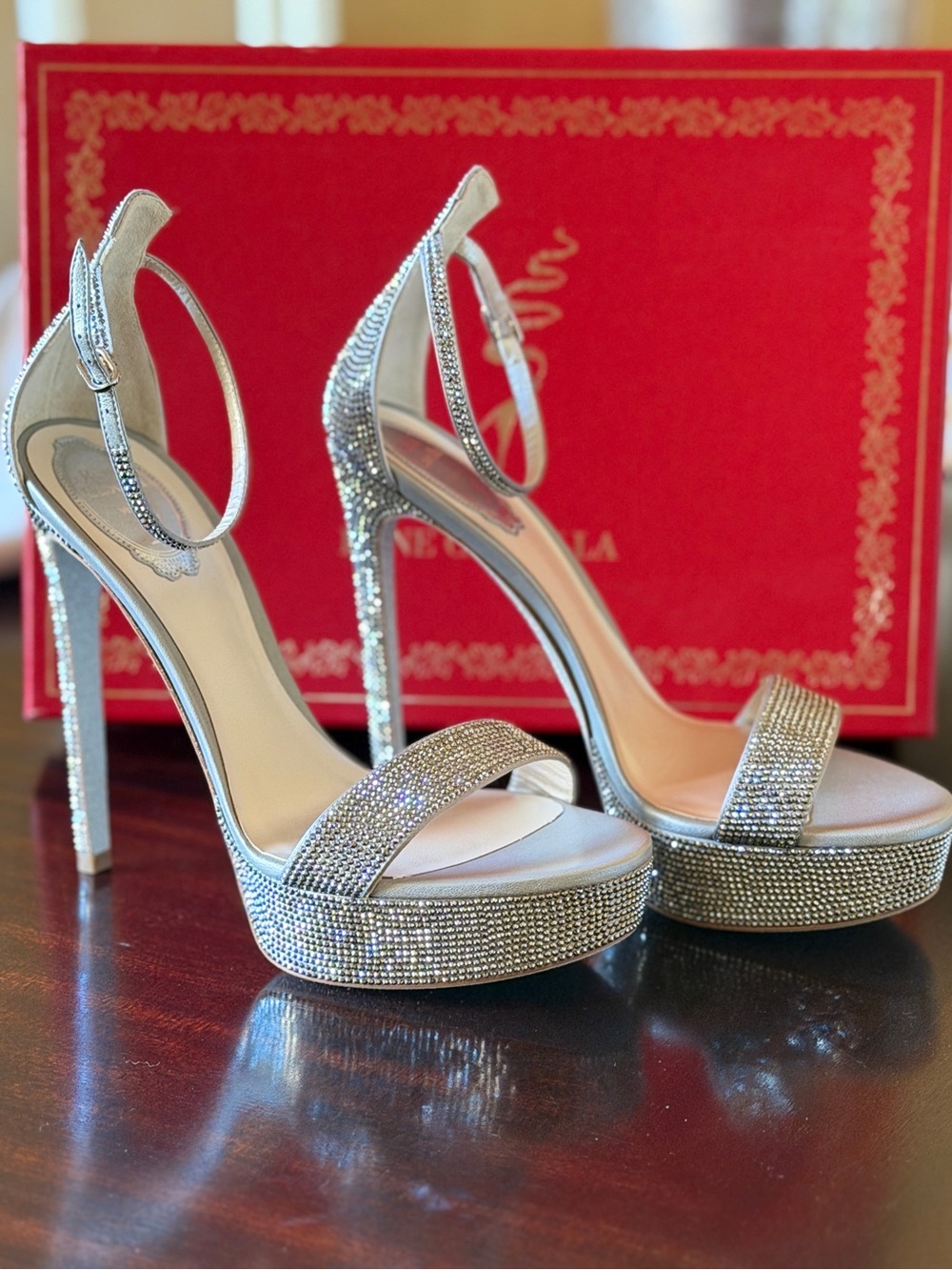 Rene Caovilla Silver Crystal Platform Stiletto Sandals